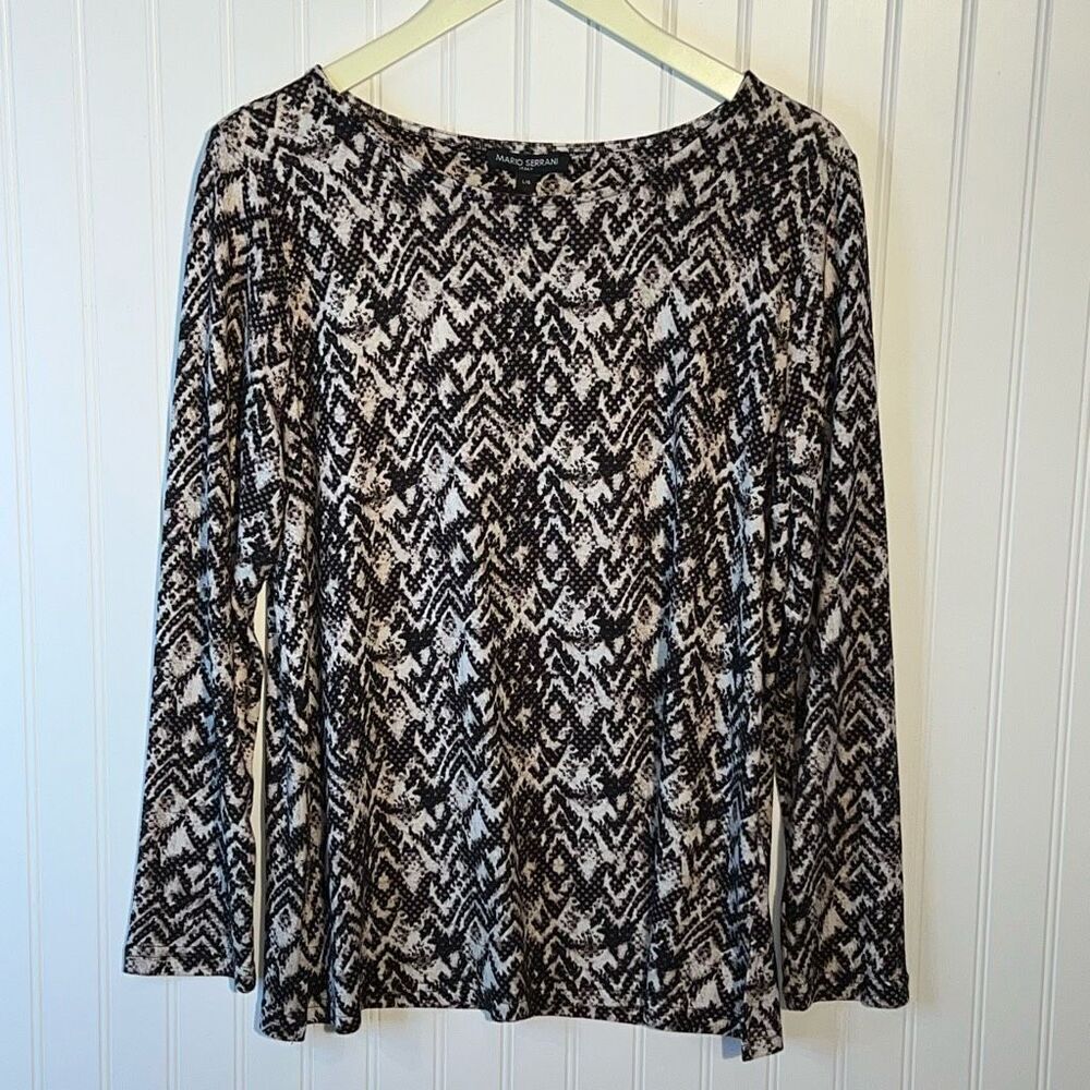 Mario Serrani Sweater Top Women's Large Black Tan Print Crew Neck Long Sleeve